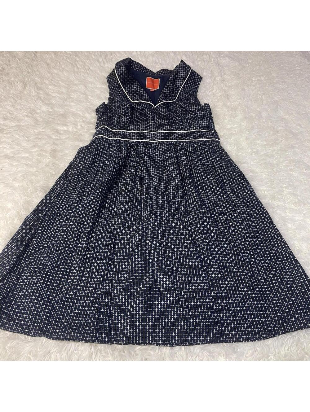 ModCloth Navy Crosshatch Fit & Flare Dress White Piping Retro Midi Dress Large